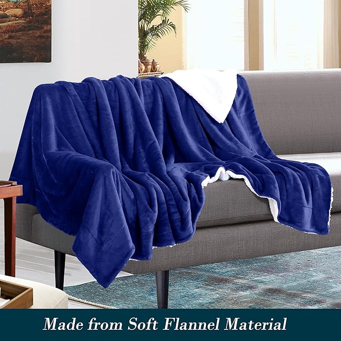 Mocassi Premium Ultra-Soft Flannel Fleece Sherpa Throw Blanket - Warm Cozy Reversible Plush Micromink Blanket for Couch, Bed and Sofa - Fluffy, Christmas Winter Bedding Gift, Queen, Royal Blue
