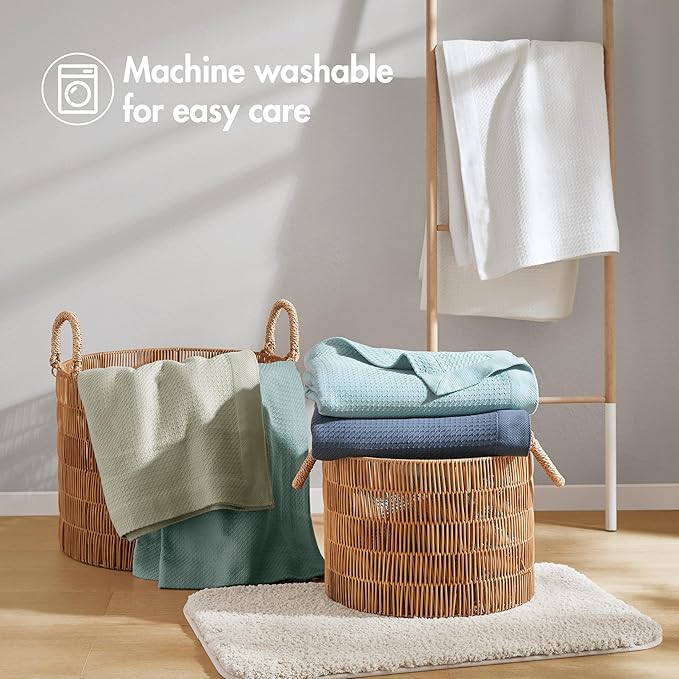 Madison Park 100% Egyptian Cotton Lightweight Summer Blanket, Breathable Waffle Knit Design, Soft Cozy All-Season Throw for Bed, Couch or Sofa, Teal King Size (108"x90")
