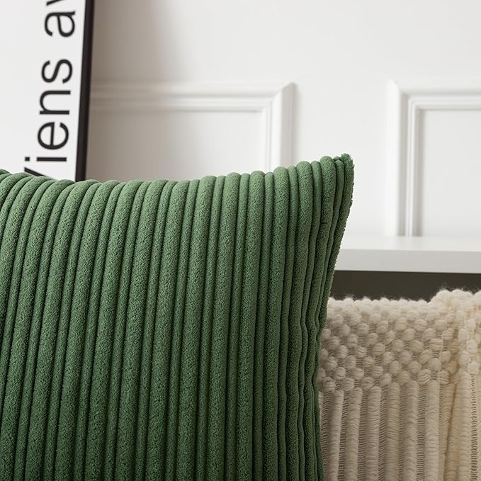 UGASA Velvet 12x20 Inch Lumbar Soft Throw Pillow Covers Decorative Corduroy Striped Both Sides Solid Rectangular Cushion Cases Boho Farmhouse for Couch Bedroom Sofa Home, Pack of 2, Moss Green