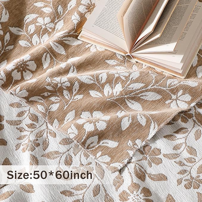 Floral Chenille Throw Blanket 50 x 60'' Farmhouse Vintage Boho Flower Blanket Soft Throw for Couch Bed Sofa Chair Living Room Outdoor Woven Decorative Home Gift(Brown)(Flower,Brown)