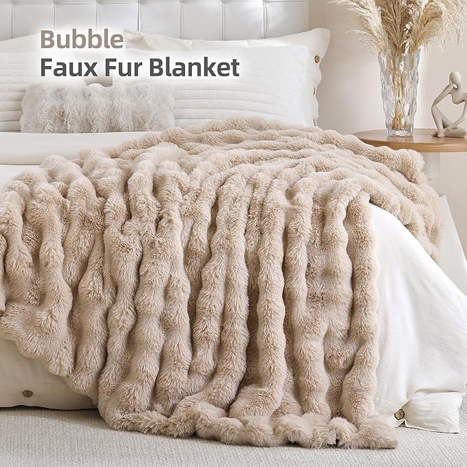 Smoofy Faux Fur Throw Blanket for Couch – Linen Fluffy Cozy Rabbit Fleece, Plush Soft Bubble Blanket for Sofa & Bed, for Mom, Warm Fuzzy Home Room Decor Throw 50" x 60"