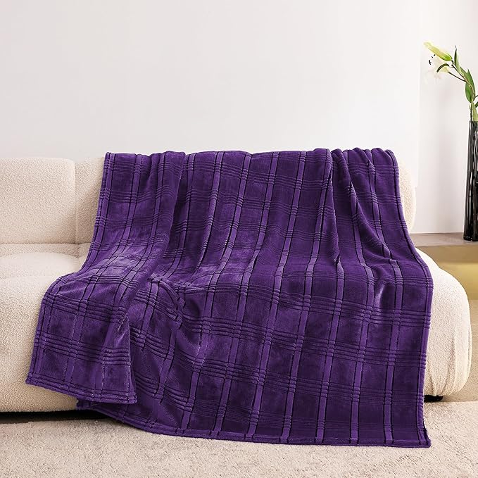 Super Soft Flannel Throw Blanket 50x60 Inches, Premium Checkered Jacquaed Silky Fleece Lightweight Bed Blanket All Season Use, Pueple Strip, 50"x60"