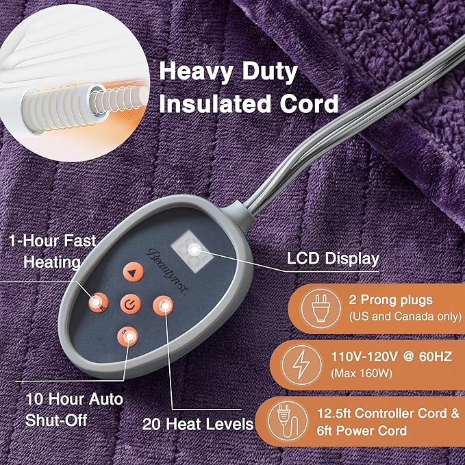 Beautyrest Electric Blanket, Soft, Warm, Reversible Plush - Sherpa Heating Blanket with 20 Heat Settings, 1-10 hrs Timer Auto Shut Off, Machine Washable, Full (84 inx80 in), Purple