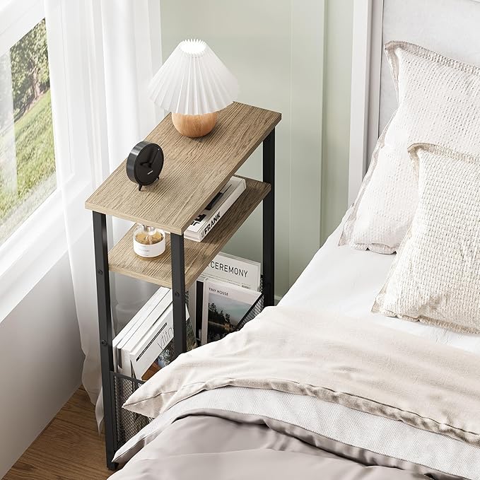 Narrow Side Table with Storage Basket Skinny End Tables for Smalls Spaces 3 Tier Sofa Table Small Nightstand Slim Bedside Table for Living Room Bedroom Greige MLBZ22GR