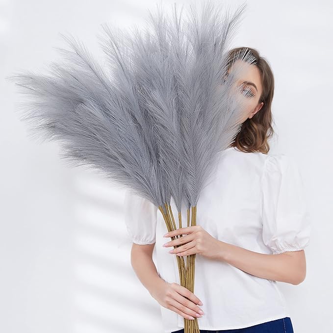 Faux Pampas Grass, Set of 9 Stems 37'' Tall Fluffy Fake Pompas Floral, Large Artificial Pompous Branches for Floor Vase Fillers, Pompas Decorativas, Boho Farmhouse Wedding Home Decor(Grey)