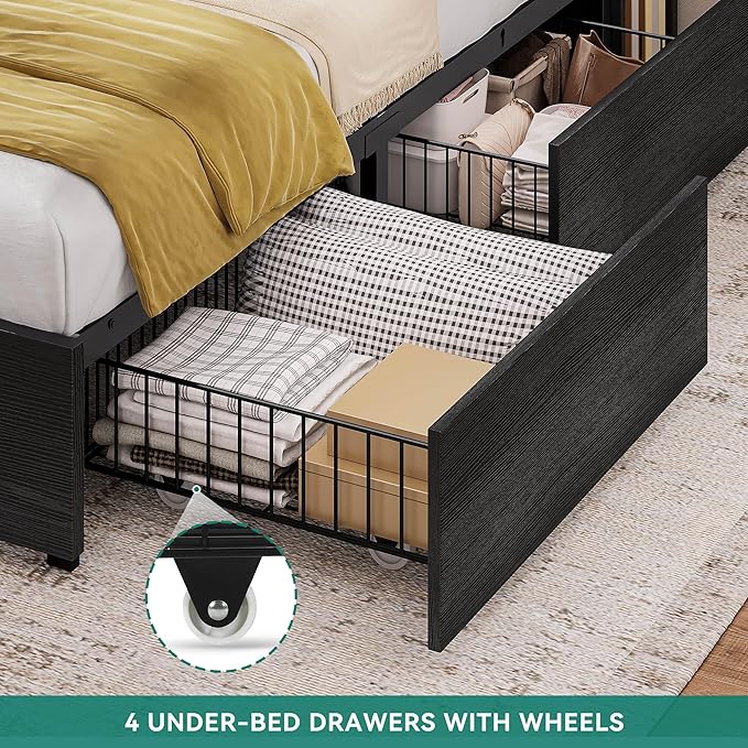 DWVO King Size Bed Frame with Bookcase Headboard and 4 Storage Drawers, RGB LED Bed Frame with Type-C & USB Charging Station Storage Headboard Beds, No Box Spring Needed, Noise Free, Black