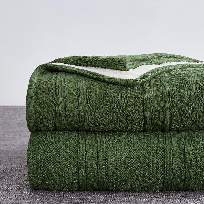 Longhui bedding Olive Green Acrylic Cable Knit Sherpa Throw Blanket - Thick, Soft, Big, Cozy Olive Green Knitted Fleece Blankets for Couch, Sofa, Bed - 50 x 63 Inches