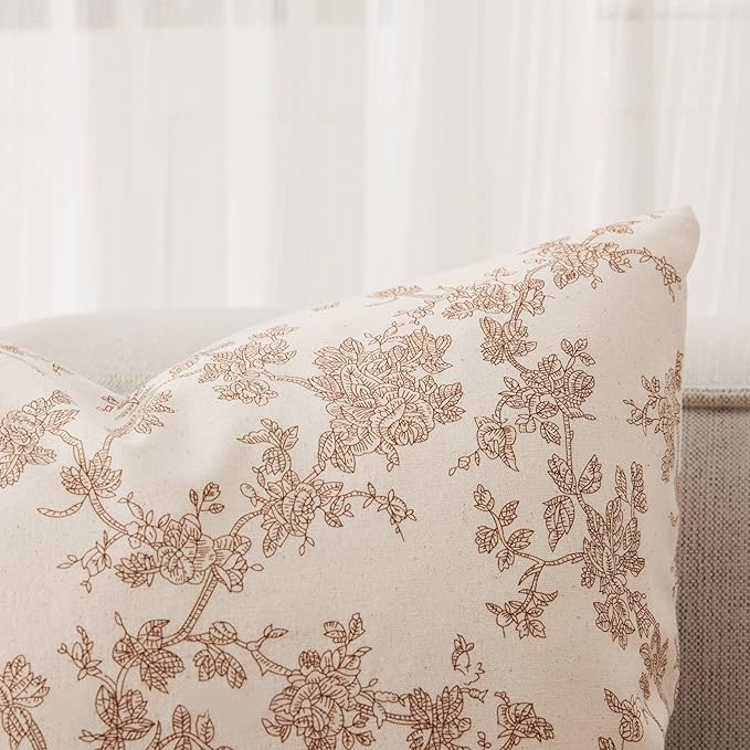 100% Cotton French Pastoral Throw Pillow Covers Set of 2, 20x20 Inch Brown Farmhouse Decorative Cushion Covers for Sofa Bed Living Room Home Decor
