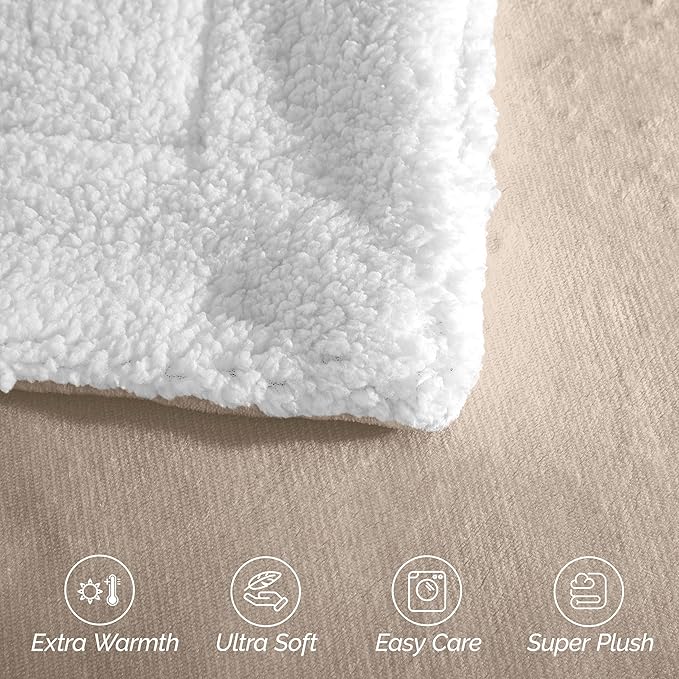Elegant Comfort Ultra Soft Reversible Flannel Sherpa Blanket - Cozy Silky Fleece Throw for Couch, Bed - Plush Fuzzy Warm Winter Blanket for Gift, King, Cream