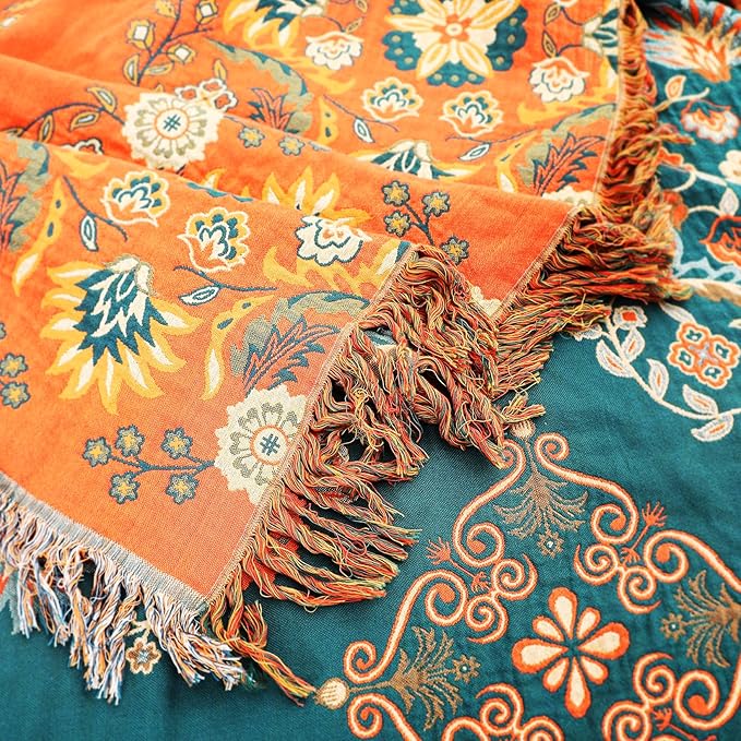 Boho Throw Blanket, 100% Cotton Muslin Breathable Soft Bed Throw - Floral Farmhouse Decor Blanket for Sofa Couch Chair and Gift. 60" x 80"- Orange