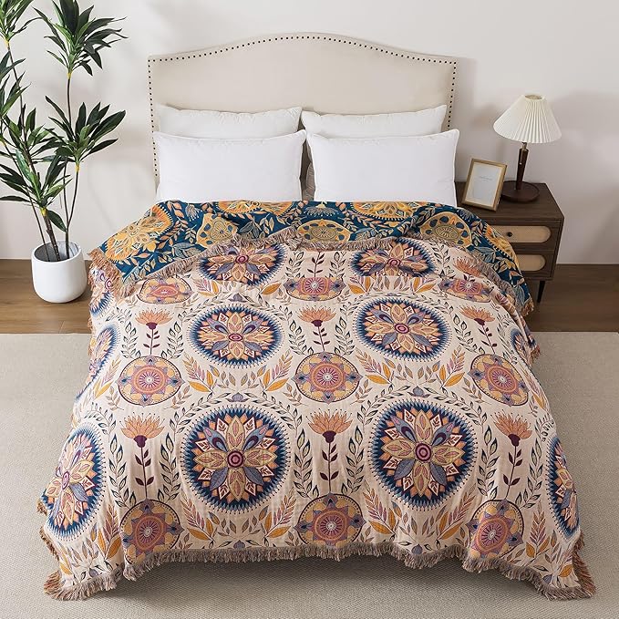 Boho Throw Blanket Throw Size, Soft Cozy Cotton Muslin Quilt Blanket for Bed Decor, Floral Patterned Couch Sofa Chair Cover, Vintage Farmhouse Cottage Tapestry Woven Blanket, Beige&Blue