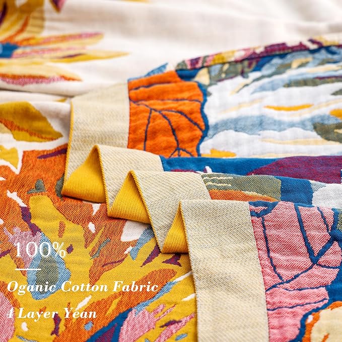 Boho Large Throw Blanket for Bed Couch, 100% Organic Cotton Soft Queen Throw-Floral Butterfly Decor Fall Blanket for Sofa Quilt and Gift, 80" x 90"-Beige