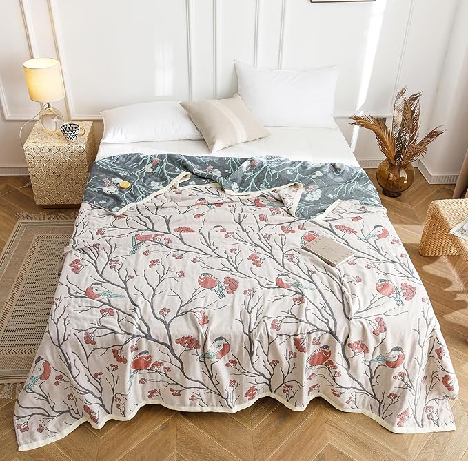 Scientific Sleep Magpie on Hawthorn Tree 100% Cotton Muslin Blanket Throw Cover for Bed Couch Sofa Cozy Soft Reversible Bedding Blanket Bedspread Coverlet Full Queen 80 in x 90 in