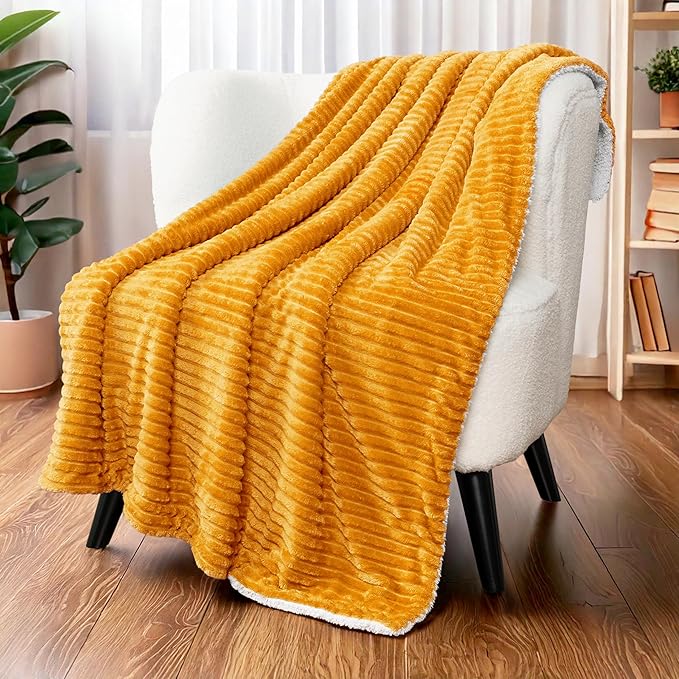PAVILIA Mustard Yellow Sherpa Fleece Throw Blanket for Couch, Soft Plush Fuzzy Blankets, Fluffy Flannel Sherpa Blanket for Sofa, Warm 3D Ribbed Winter Blanket Gift, 50x60 inches