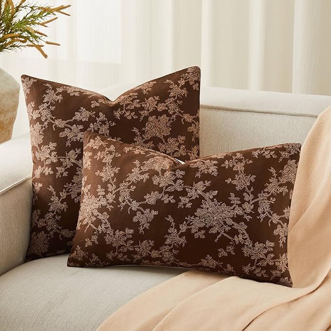 100% Cotton French Pastoral Throw Pillow Covers Set of 2, 16x16 Inch Background/Brown Farmhouse Decorative Cushion Covers for Sofa Bed Living Room Home Decor
