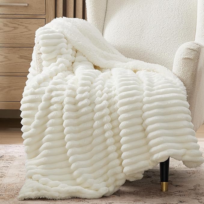 Bedsure Sherpa Throw Blanket for Couch - Super Soft, Cozy Fleece Thick Warm Blanket for Winter, GentleSoft Plush & Fluffy Spring Throw Gift for Women, Room Decor, White, 50x60 Inches