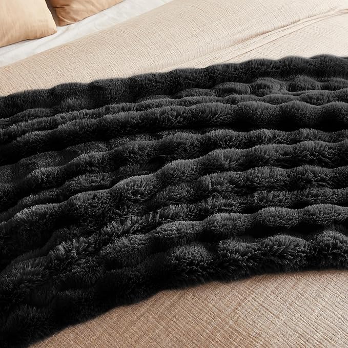 JELLYMONI Faux Fur Throw Blanket, Black Throw Blanket for Couch, Fuzzy Cozy Plush Bubble Bed Blanket, Thick and Warm Blanket, Twin (60" x 80")