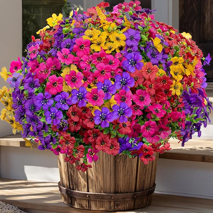 Artificial Flowers for Outdoors Fake Plants - 16 Bundles Faux Outside Greenery Boxwood UV Resistant Plastic Shrubs Decor (Mixed)