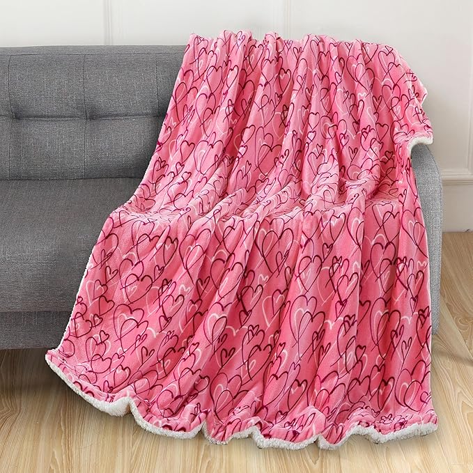 Elegant Comfort Luxury Valentine’s Day Sherpa Throw Blanket Ultra-Soft Cozy Velvet Pink Hearts Fleece Throw - Micromink Sherpa for Her, Wife, Girlfriend, Sherpa Reversible Blanket- Amara