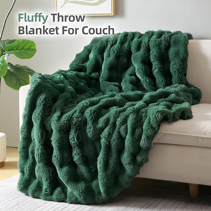 Smoofy Faux Fur Throw Blanket for Couch – Dark Green Fluffy Cozy Rabbit Fleece, Plush Soft Bubble Blanket for Sofa & Bed, for Mom, Warm Fuzzy Home Room Decor Throw 60" x 80"