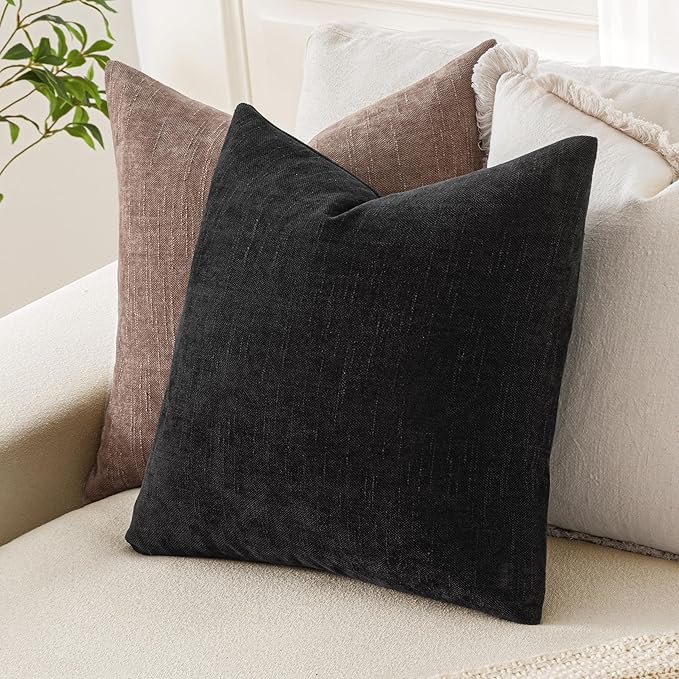 MIULEE Pack of 2 Decorative Throw Pillow Covers Soft Chenille Throw Pillows Solid Textured Euro Cushion Covers for Couch Sofa Bedroom Living Room 24x24 Inch, Black