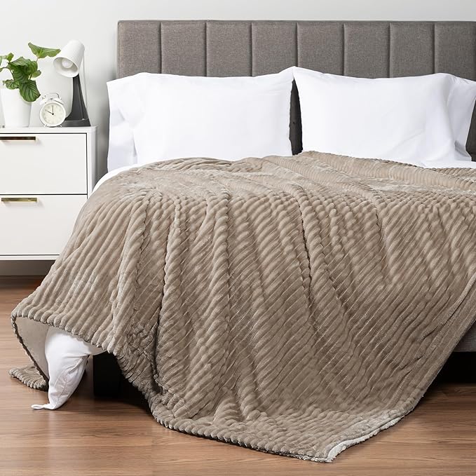 PAVILIA Taupe Tan Sherpa Fleece Throw Blanket for Couch, Soft Plush Fuzzy Blankets, Fluffy Flannel Sherpa Blanket for Sofa, Warm 3D Ribbed Winter Blanket Gift, 50x60 inches