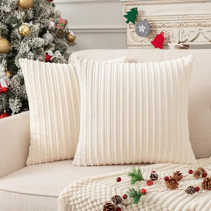 UGS UGASA Striped Corduroy Pillow Covers Velvet Decor Cushion Covers Pillowcases for Sofa/Couch/Bedroom, 2 Packs, 20 x20 Inch(50x50cm), Cream