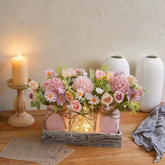 Mason Jar Lights Centerpiece Table Decor for Dining Room Farmhouse Wood Tray with 3 Jars Pink Flowers Valentines Day Decoration for Coffee Table Kitchen Living Room Wedding Spring Decoration