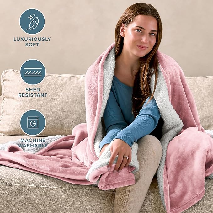 Bare Home Sherpa Fleece Blanket - Full/Queen Size - Blanket for Bed, Sofa, and Couch - Warm & Lightweight - Fluffy & Soft - Reversible (Full/Queen, Light Pink)