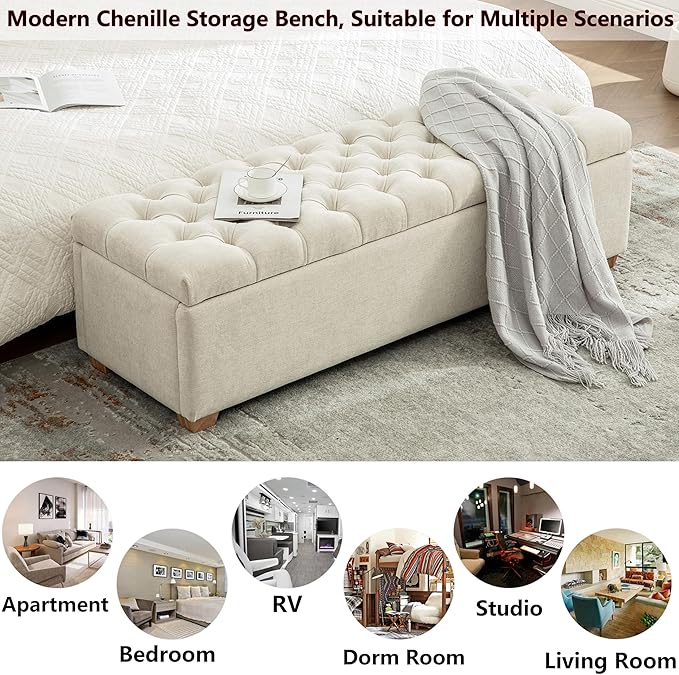 60.2" Storage Ottoman Bench for Bedroom Bed End,Chenille Bench with Seating,Button Tufted Ottomans with Storage for Living Room,Bedside,Entryway (Chenille Beige, 60.2")