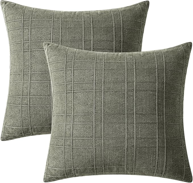 MIULEE Decorative Linen Check Euro Shams Throw Pillow Covers Neutral Farmhouse Vintage Spring Pillow Covers 24x24 Set of 2 Boho Modern Home Decor for Sofa Couch Bedroom Cushion Olive Green