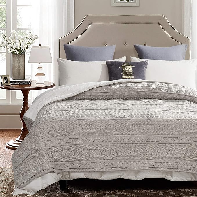 Longhui bedding Acrylic Cable Knit Sherpa Throw Blanket - Thick, Soft, Big, Cozy Light Grey Knitted Fleece Blankets for Couch, Sofa, Bed - Large 60 x 80 Inches Gray Coverlet All Season