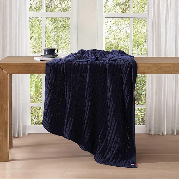 Tommy Hilfiger - Blanket, Ultra-Soft Cable Knit Throw Blanket for Bed or Couch, Lightweight Bedding with a Soft Textured Feel & Iconic Flag Logo (Blue, 50" x 70")