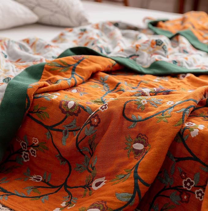 Scientific Sleep Vine Floral Blossom Senior Retro 100% Cotton Muslin Blanket Throw Cover for Bed Couch Sofa Cozy Soft Reversible Bedding Blanket Quilt Bedspread Coverlet Twin 60 in x 80 in