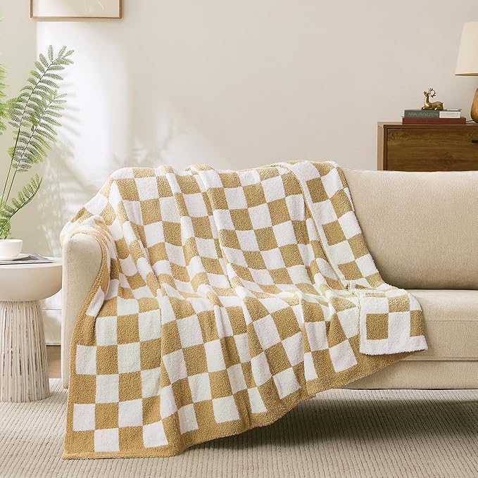 Checkered Throw Blanket, Khaki Soft Cozy Fluffy Knitted Throw Blankets for Couch, Sofa, Bed, Chair, Warm Fuzzy Travel Picnic Lightweight Plaid Blanket, 60x80 inches