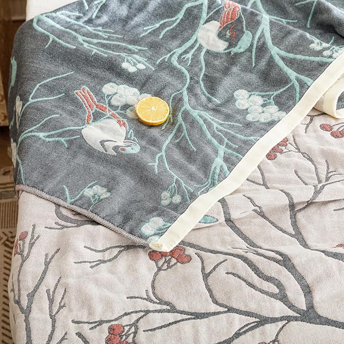 Scientific Sleep Magpie on Hawthorn Tree 100% Cotton Muslin Blanket Throw Cover for Bed Couch Sofa Cozy Soft Reversible Bedding Blanket Bedspread Coverlet Full Queen 80 in x 90 in