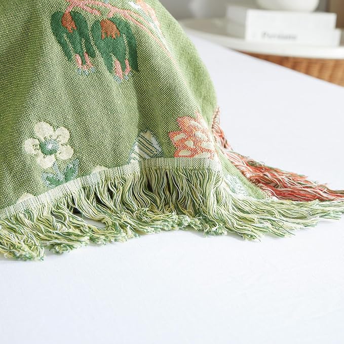 Boho Throw Blanket for Bed 80”x90”, 100% Cotton Woven Blanket for Couch Sofa, Ultra Soft 4-Layer Muslin Quilt with Floral Printed, Farmhouse Bed Blanket/Cover for Living Room Decor