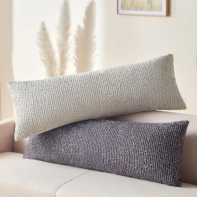 Allorry Decorative Lumbar Pillow Cover 14x36 Purple Striped Wool Long Body Pillow Neutral Textured Boho Lumbar Throw Pillow Cushion Covers for Modern Farmhouse Sofa Bed Living Room Decor SY011-E14