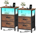Vagusicc Nightstands Set of 2 Charging Station, End Tables with LED Lights, Bedside Table with 2 Fabric Drawers & Storage Shelves, 24.2" Tall Side Table Night Stand Set 2 for Bedroom, Rustic Brown