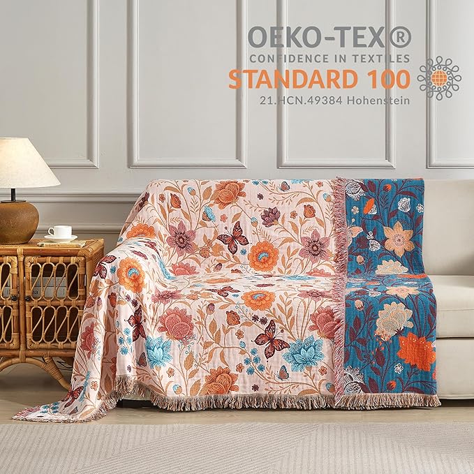 Boho Throw Blanket for Bed 80”x90”, 100% Cotton Woven Blanket for Couch Sofa, Ultra Soft 4-Layer Muslin Quilt with Floral Printed, Farmhouse Bed Blanket/Cover for Living Room Decor