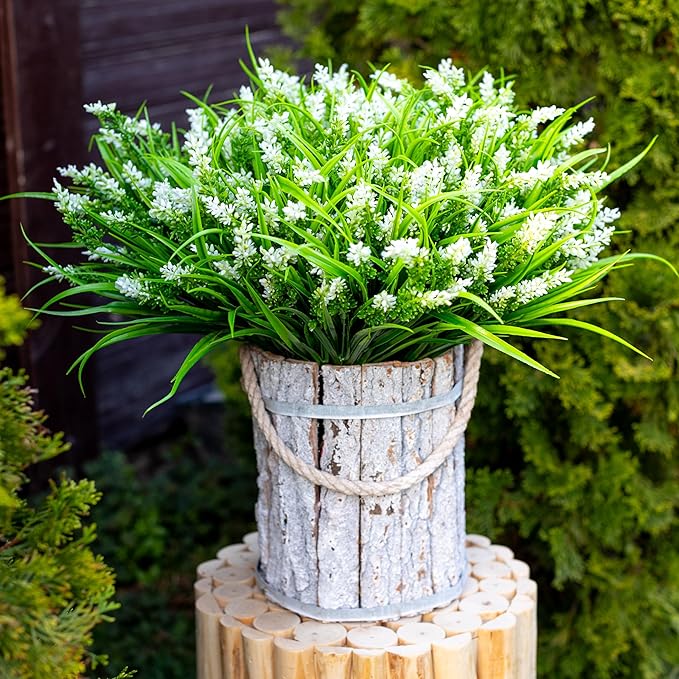 Artificial Flowers for Outdoors Plants - 20 Bundles Fake Lavender Plastic Faux Monkey Grass UV Resistant for Home Decorations (20, White)