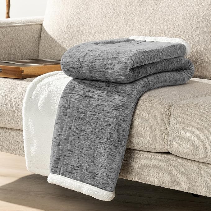 Premium Sherpa Melange Throw Blanket for Twin Bed, Couch, Sofa by Pavilia | Soft, Fluffy, Plush, Warm, Cozy | Charcoal Gray Lightweight Microfiber, Modern Luxury Reversible TV Blanket | 60 x 80 Inches