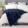 DREAMNINE Large Soft Thick Fuzzy Bubble Faux Rabbit Fur Blanket - Queen Size 80" x 90",Double Sided Comfy Plush Warm Shaggy Fluffy Blankets, Luxury Big Cozy Cute Textured Furry Bed Blanket, Navy Blue
