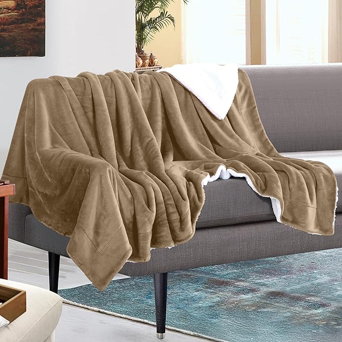 Mocassi Premium Ultra-Soft Velvet Touch Flannel Fleece Sherpa Throw - Warm Cozy Reversible Plush Micromink Throw Blanket for Couch, Bed and Sofa - Fluffy, Christmas Winter Bedding Gift, Taupe