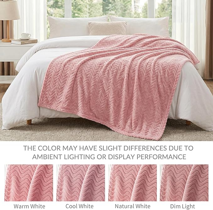 Exclusivo Mezcla King Blanket for Bed, Cozy Lightweight Fleece Blankets for All Season, Decorative Giftable Fuzzy Plush Wave Textured Suitable for Women, Men, Pink, 90x104 Inches
