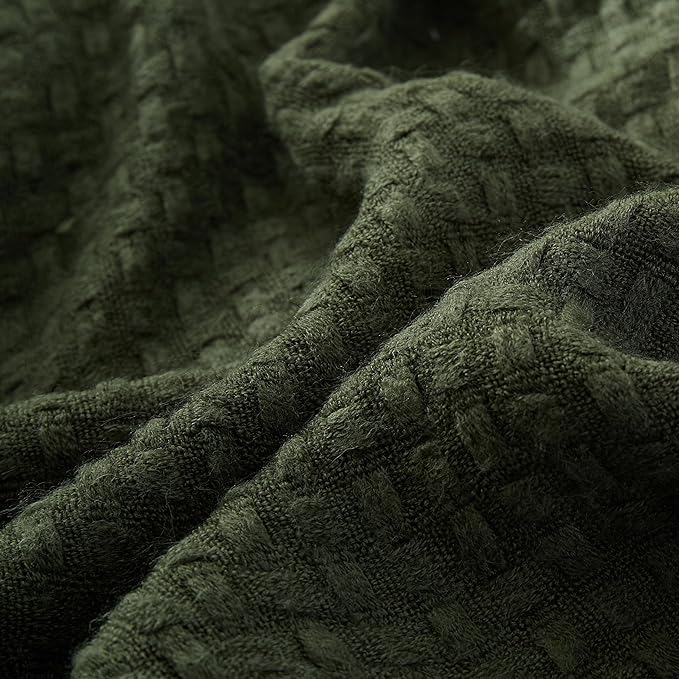 100% Acrylic Decorative Knitted Throw Blanket with Tassels for Bed, Couch, Small, Chairs, Lightweight, Soft, Cozy, Waffle Textured Blanket, Suitable for Spring, Summer, Mossy Green, 50"x60"