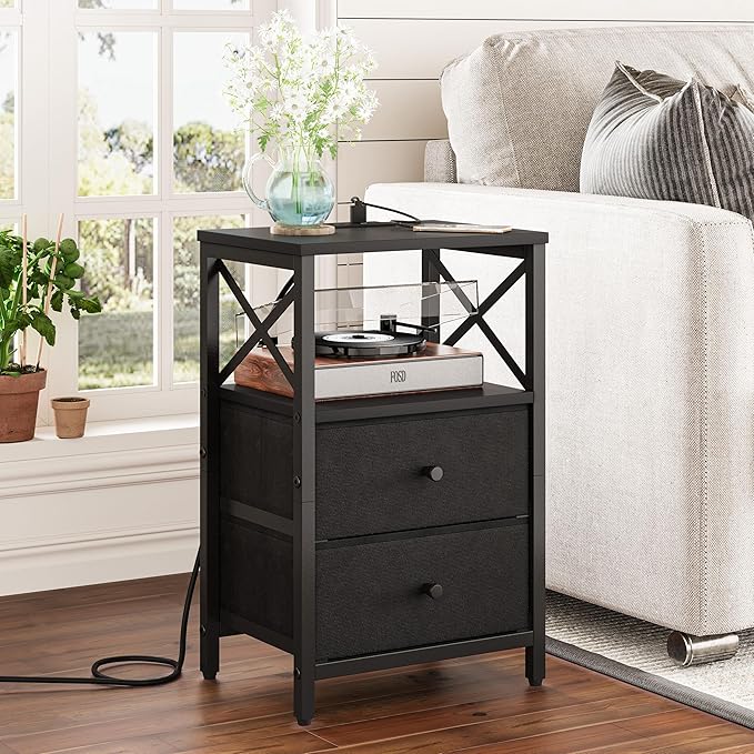 Nightstands Set of 2, Night Stand with Charging Station, Small Bedside Table with Storage Shelf, End Table with USB Ports & Outlets, with Fabric Drawers, for Couch, Bedroom(Black) LET105B-2