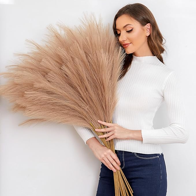 Faux Pampas Grass, 9 PCS 37''/3.1FT Tall Fluffy Fake Pompas Floral, Large Artificial Pompous Grass Branches for Floor Vase Fillers, Boho Farmhouse Room Wedding Decor (Taupe)