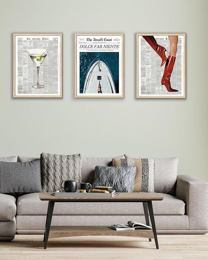EcoHest Small Trendy Newspaper Martini Framed Wall Art, 8x10 in OAK Wood Retro Bar Cart Canvas Art, Magazine Aesthetic Apartment Art, Funky 70's Set of 1 for Bedroom Living Room