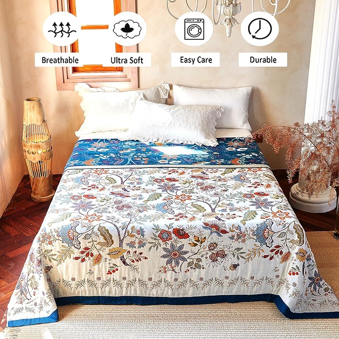 Boho Throw Blanket, 100% Organic Cotton Breathable Skin-Friendly Ultra Soft Bed Quilt Throw - All Season Floral Farmhouse Décor Luxury Blanket for Sofa Couch Chair and Gift. 60" x 80"